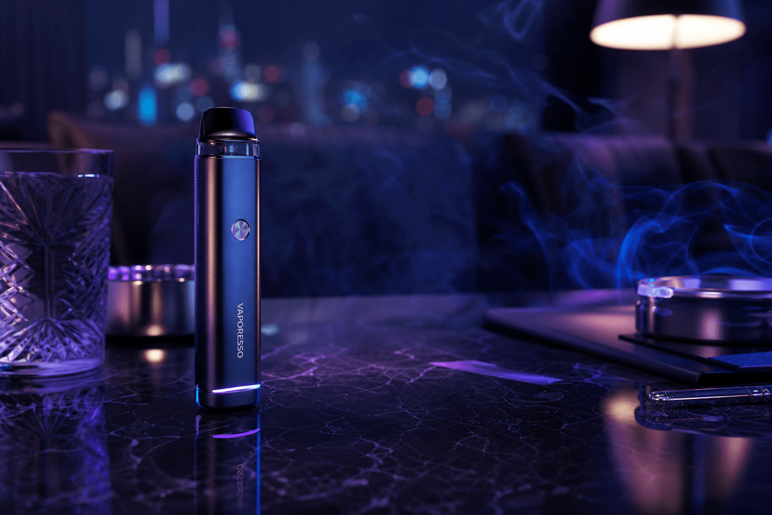 Premium vape device lifestyle shot with ambient smoke