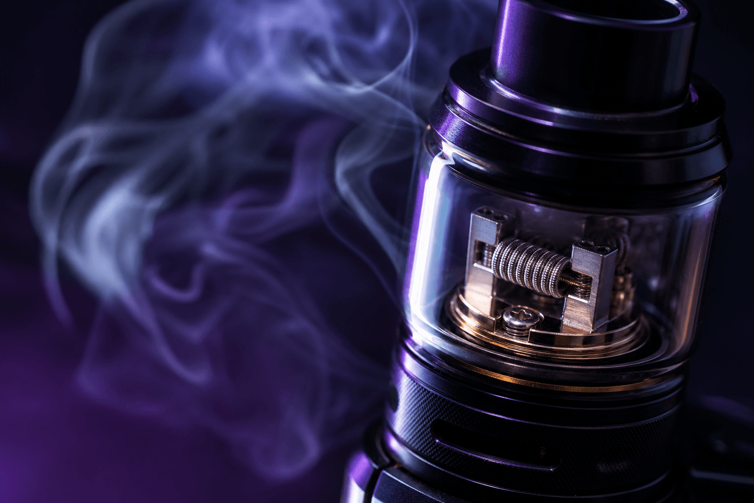Close-up vape coil with cinematic vapor atmosphere